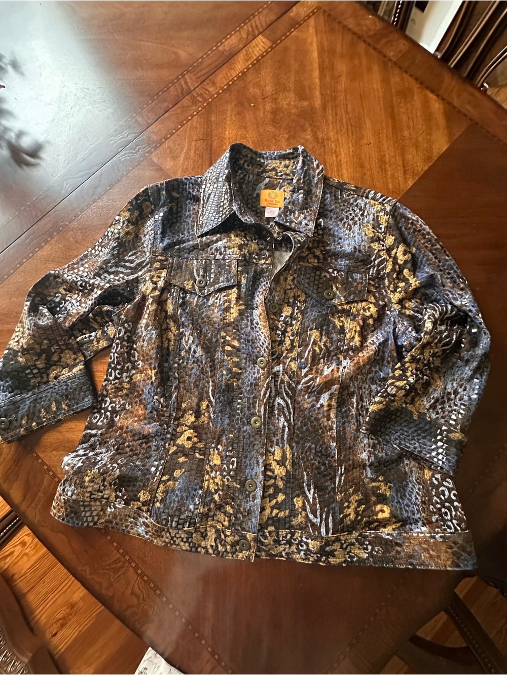 Ruby Rd. Multicolor Animal-Print Jean Jacket - Blue, Gold, Brown